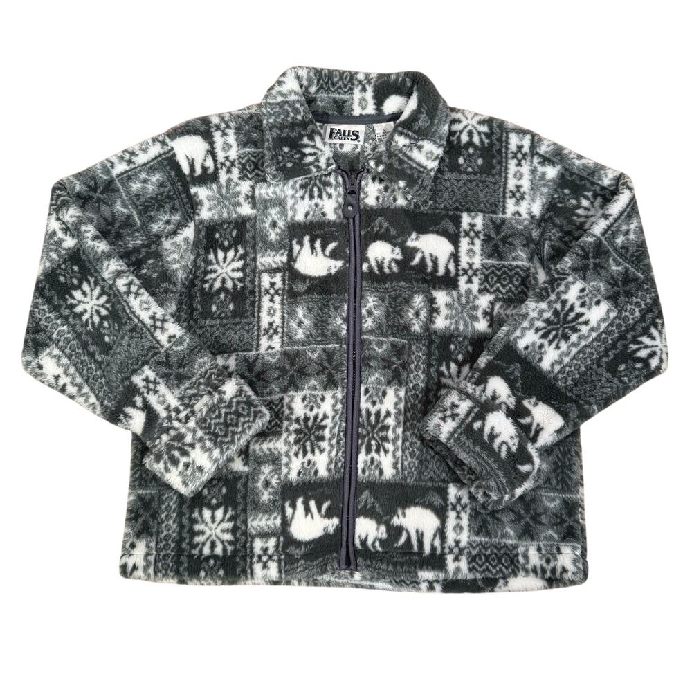 Polar Bear Snowflake Pattern Fleece Zip Jacket Winter Gray White Women’s Large